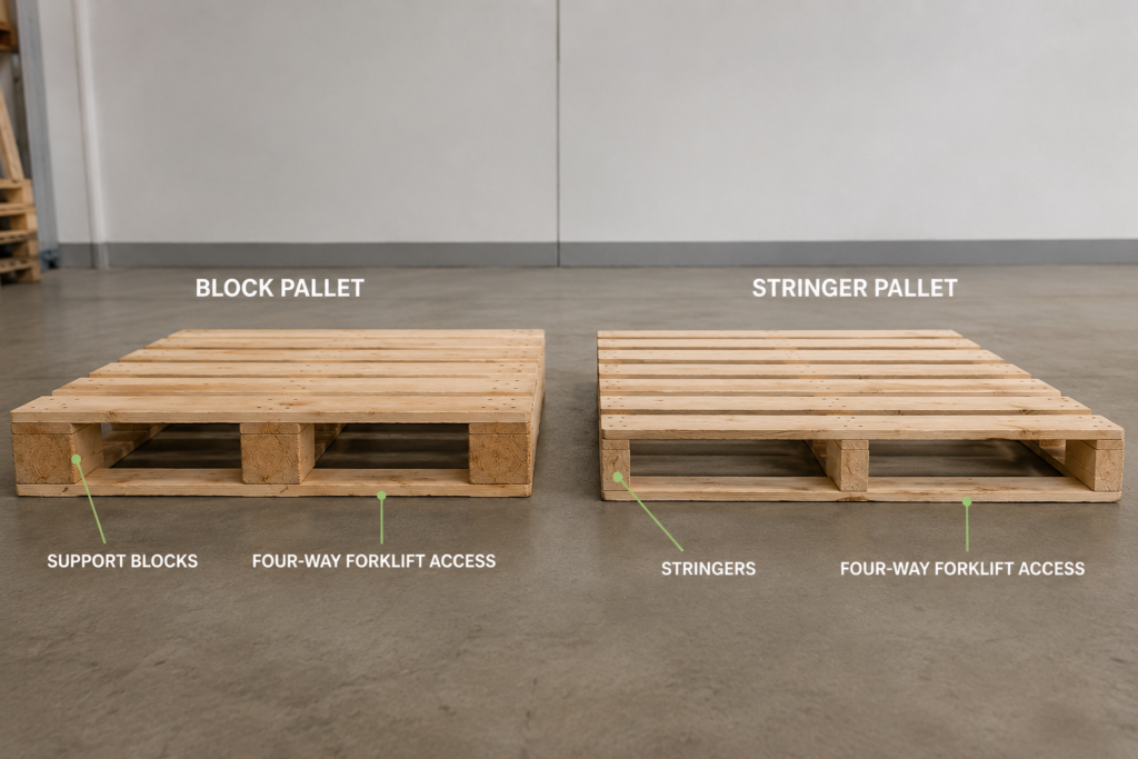 Block pallet vs. Stringer pallet