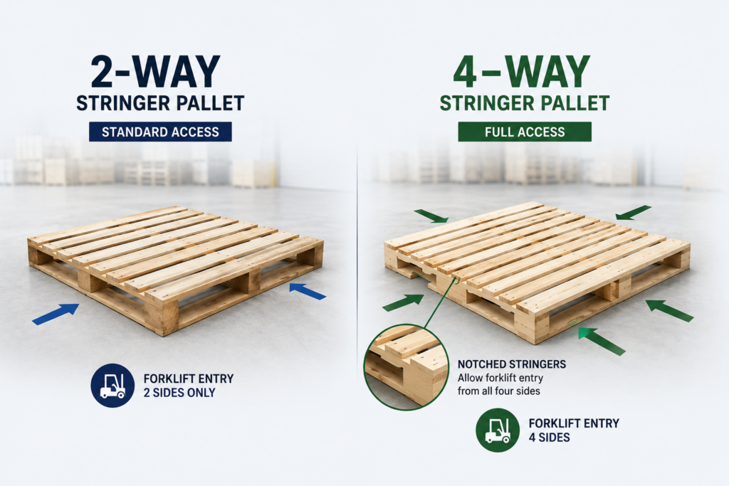 Comparison of standard 2-way and 4-way wooden stringer pallets with highlighted forklift access and notched stringer design.