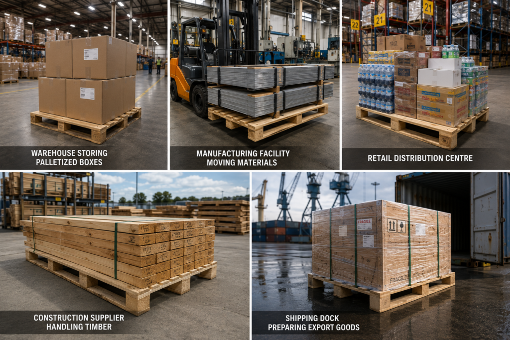Stringer pallets used across warehouse, manufacturing, retail, construction, and shipping operations.