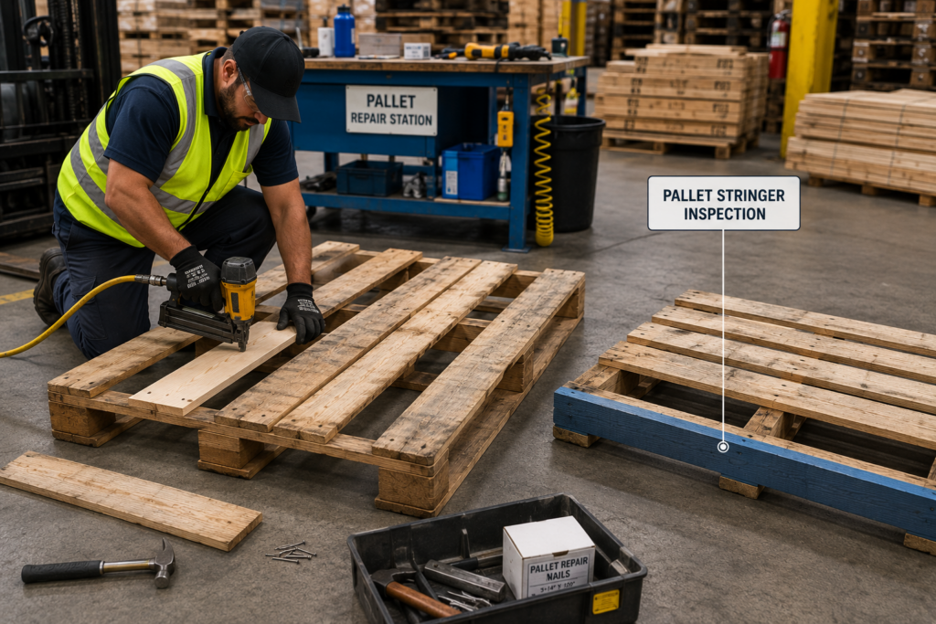 Wooden stringer pallet repair with deck board replacement and stringer inspection in a warehouse.