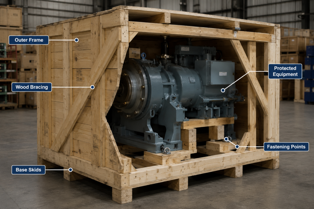 Cutaway illustration of a wooden crate with internal bracing securing industrial equipment for safe shipping, storage, and export.