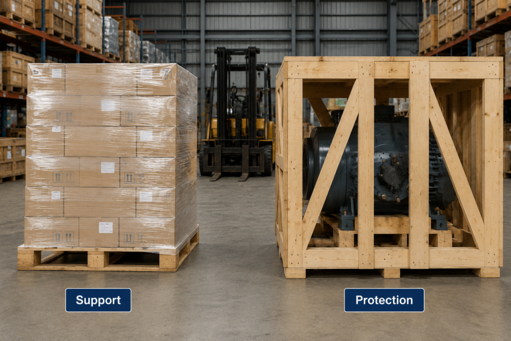 Wooden pallet vs wooden crate comparison in a warehouse showing support for boxed goods and protection for industrial machinery.