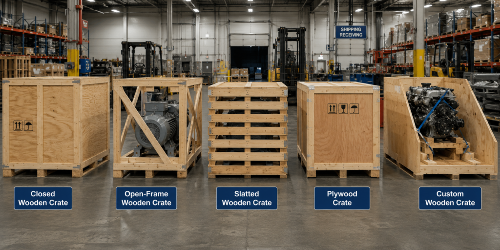 Comparison of five wooden crate types in a warehouse for industrial machinery, export goods, and equipment packaging.