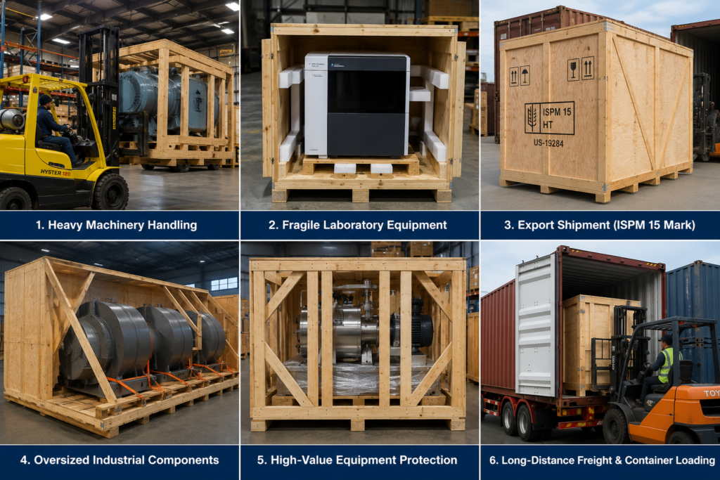 Six industrial applications of wooden crates for machinery, exports, fragile equipment, and freight shipping.