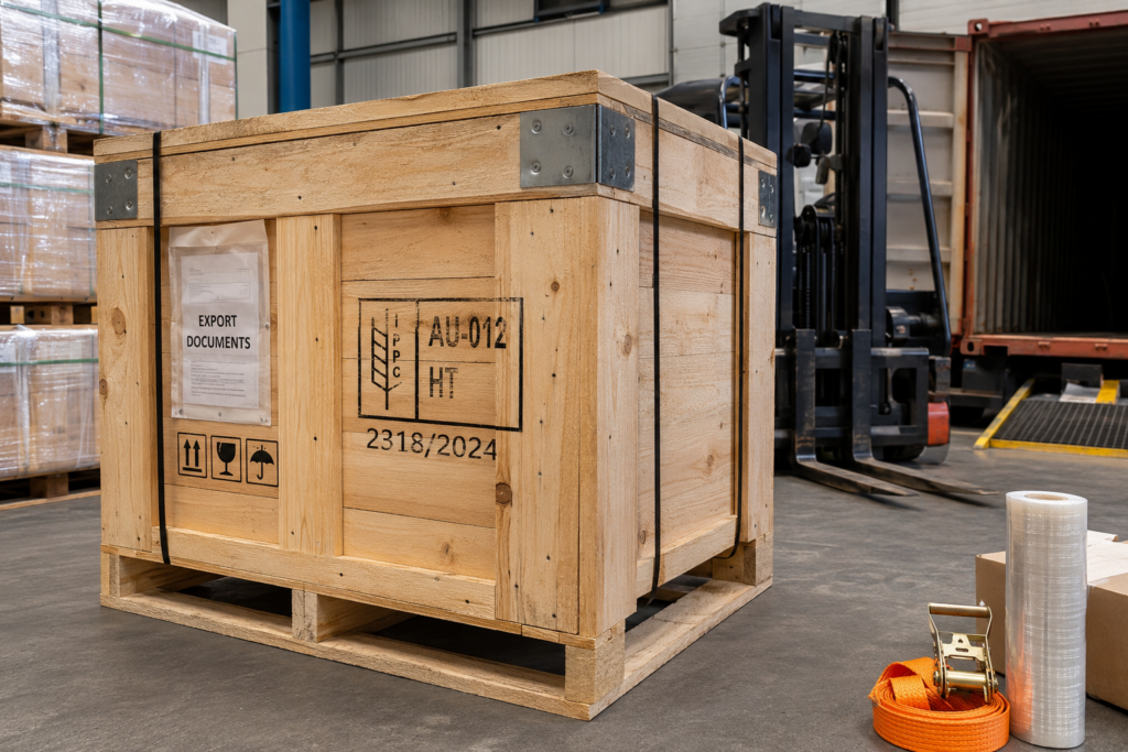 ISPM 15-compliant wooden export crate with IPPC HT stamp, forklift, shipping labels, and cargo straps inside a professional warehouse ready for international container export.
