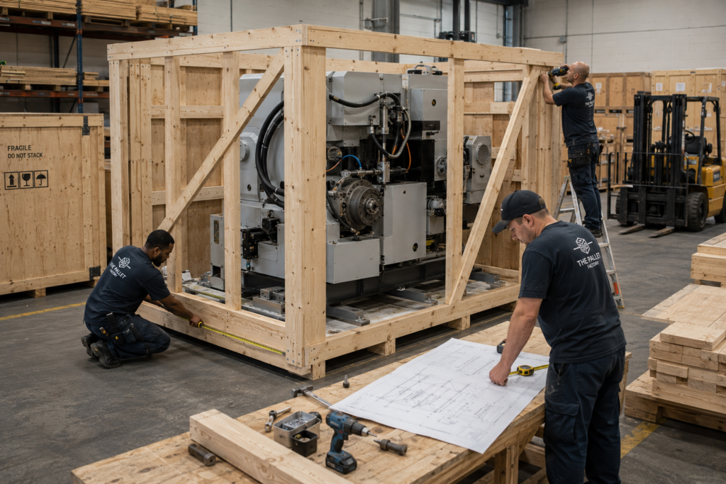 Technicians building a custom wooden crate around industrial equipment in a professional warehouse using precision measurements, timber framing, and engineered packaging.