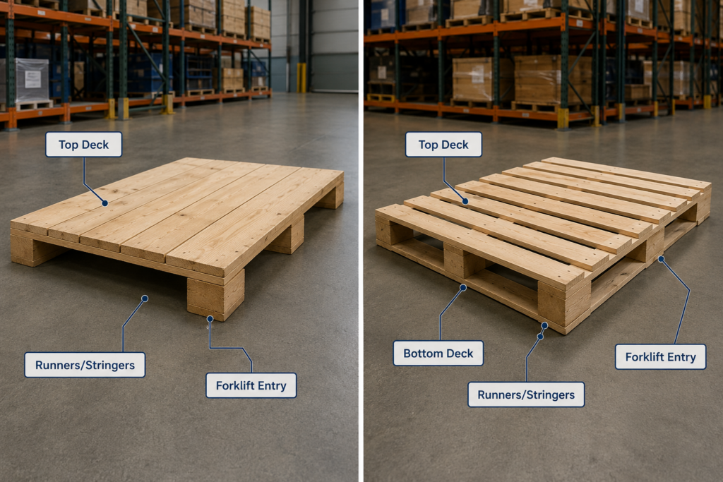 Structural comparison between a wooden skid and a wooden pallet