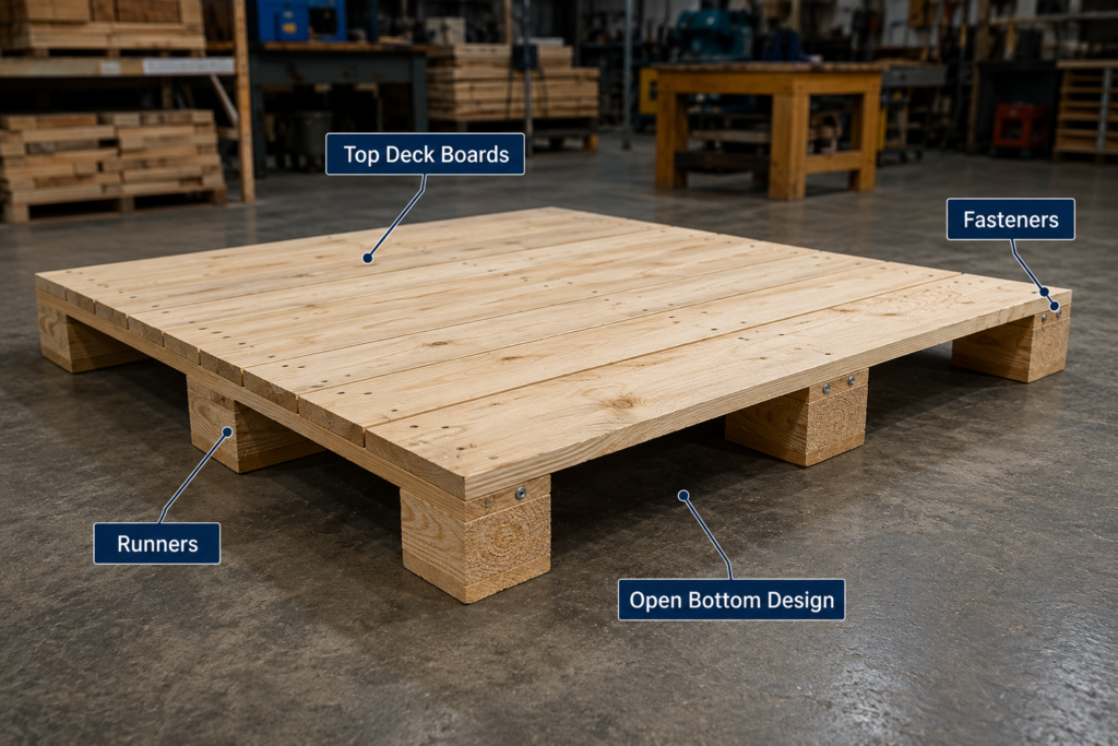 Wooden skid pallet showing runners and open bottom construction
