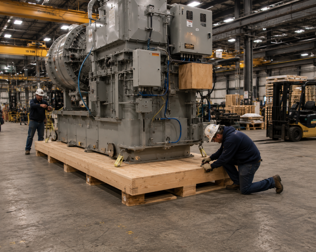 Industrial machine mounted on a wooden skid for transport and installation