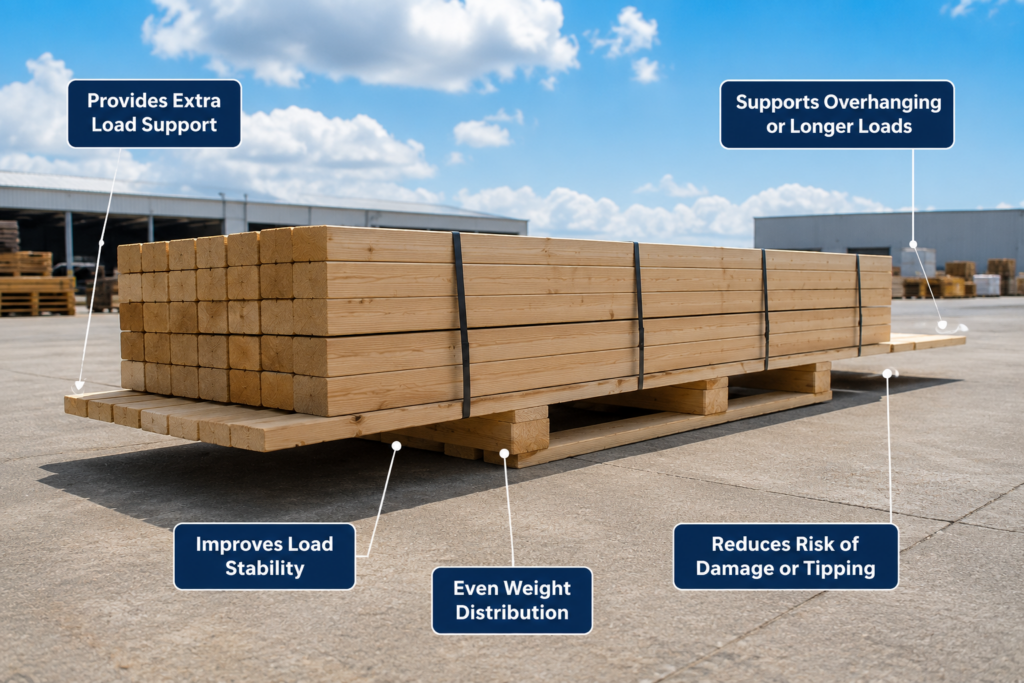 Wooden wing pallet supporting long timber with extended deck boards for improved load stability and overhang support.