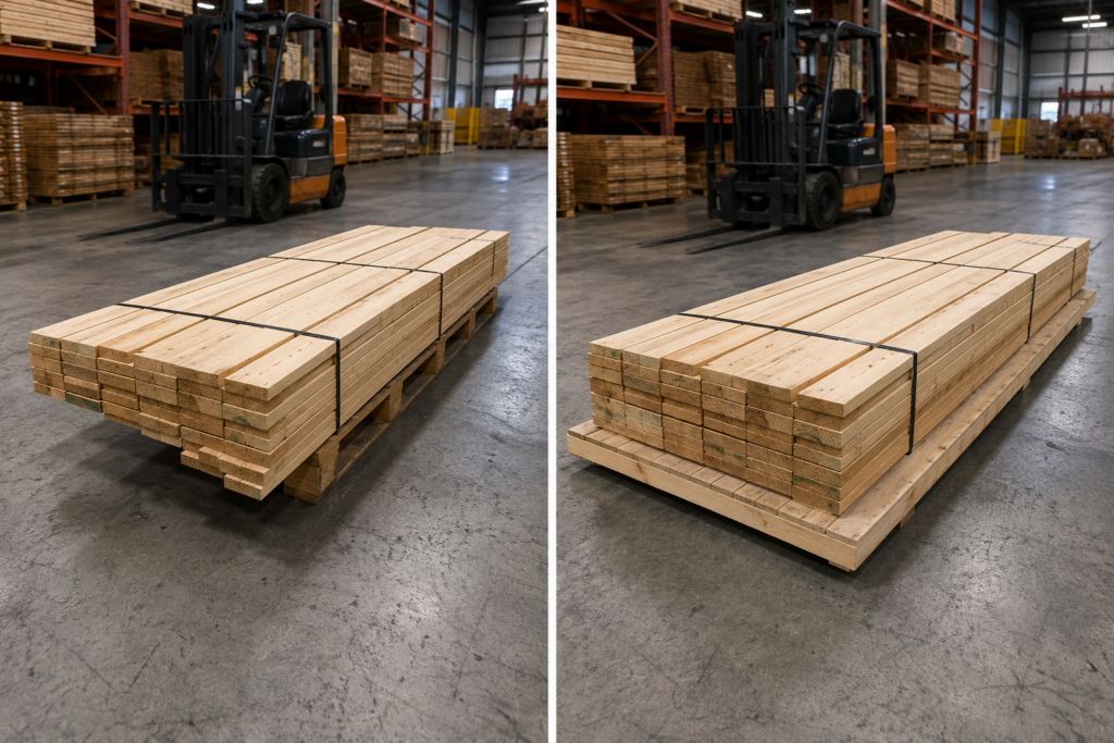 Wing pallet supporting an oversized load compared with a standard pallet