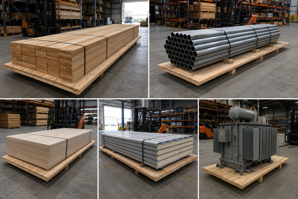 Wooden wing pallets supporting oversized industrial products