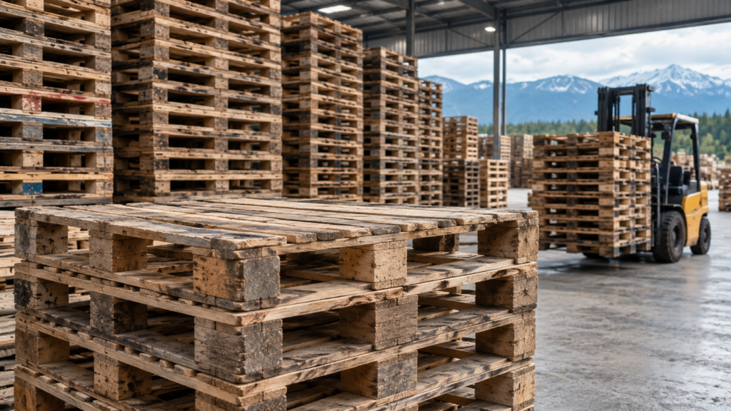 Stacks of recycled wooden pallets inspected inside a British Columbia warehouse