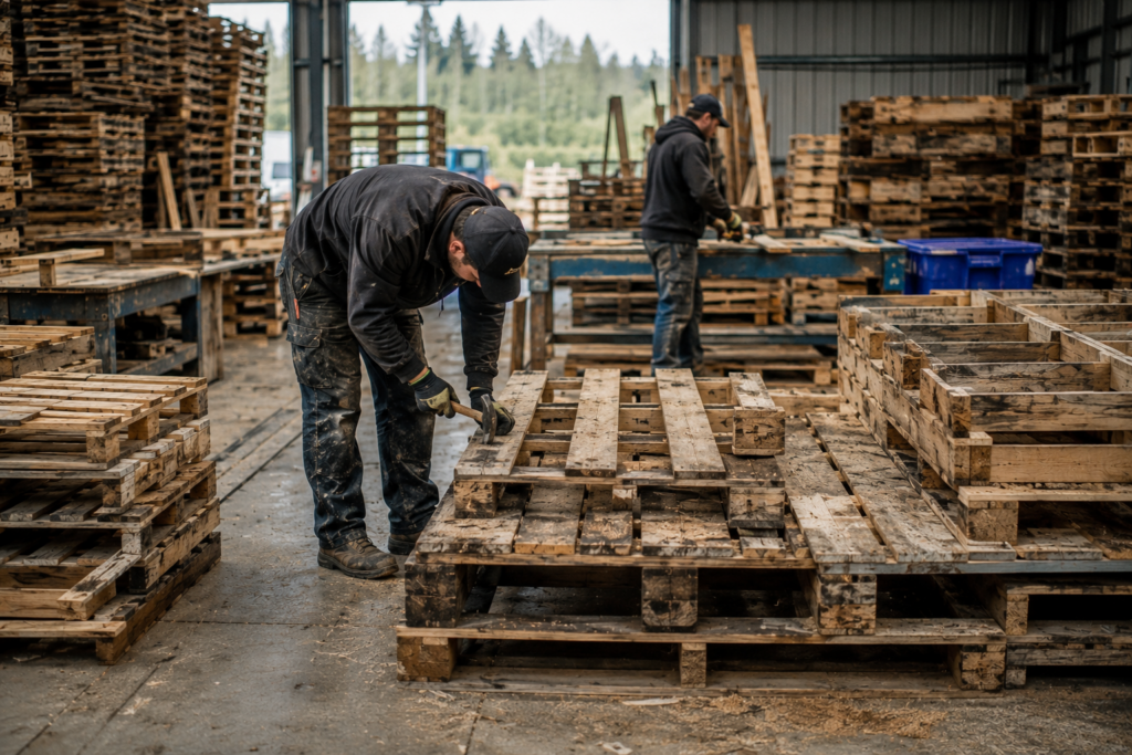 Workers inspecting and repairing recycled wooden pallets in a warehouse