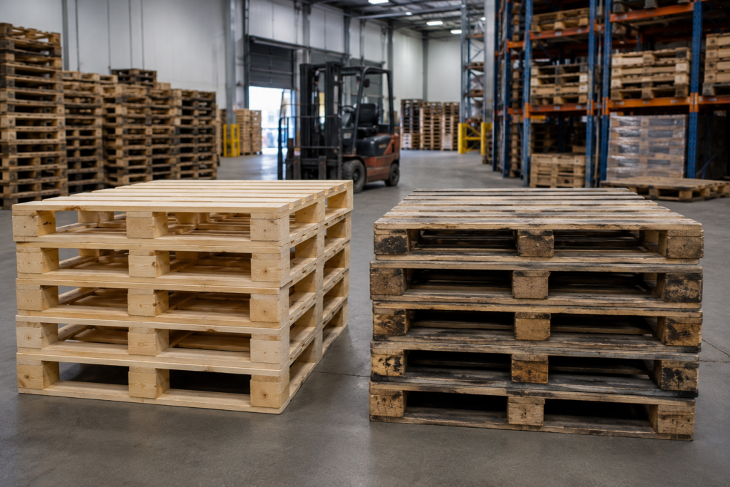 Comparison of new and recycled wooden pallets in a warehouse