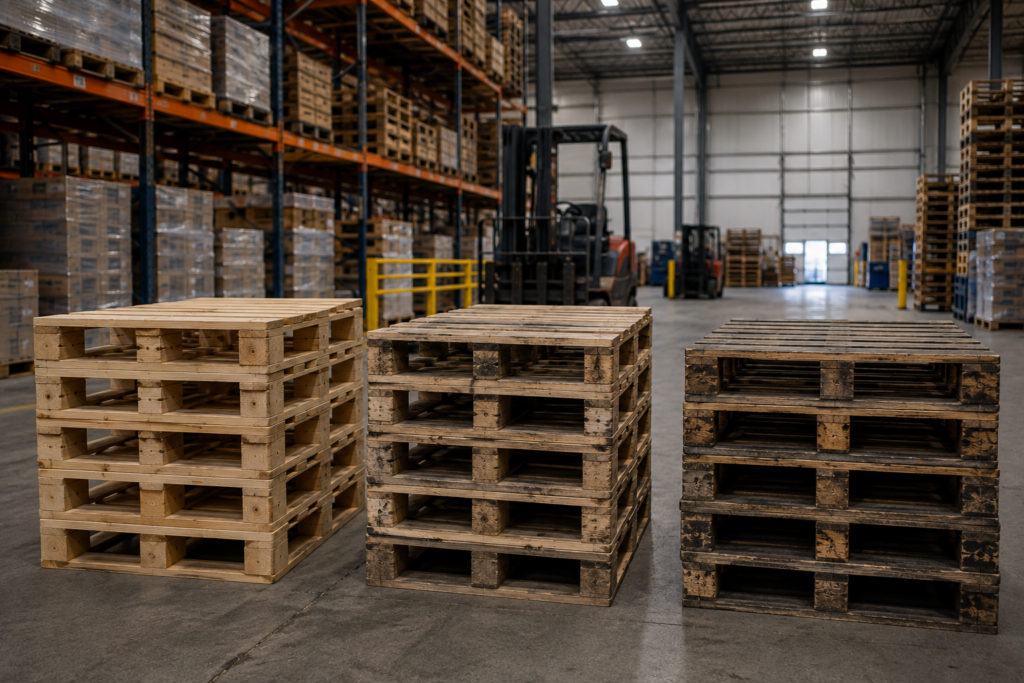 Different grades of recycled wooden pallets in a warehouse