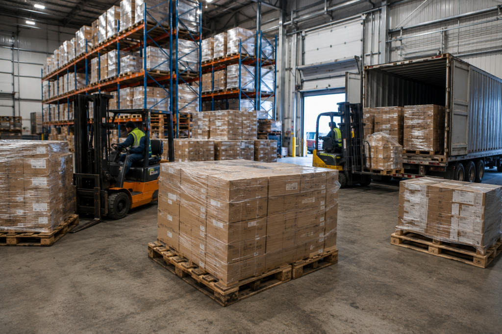 Warehouse staff loading goods onto recycled wooden pallets