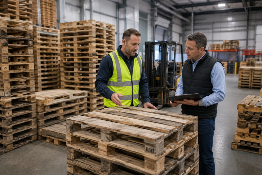 Warehouse manager inspecting recycled wooden pallet quality