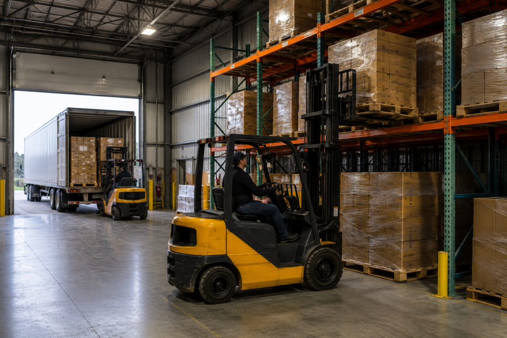 Standard pallet stored in warehouse racking and prepared for transport