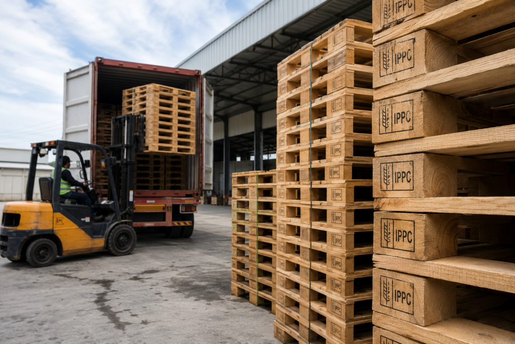 Heat-treated wooden pallets prepared for international export