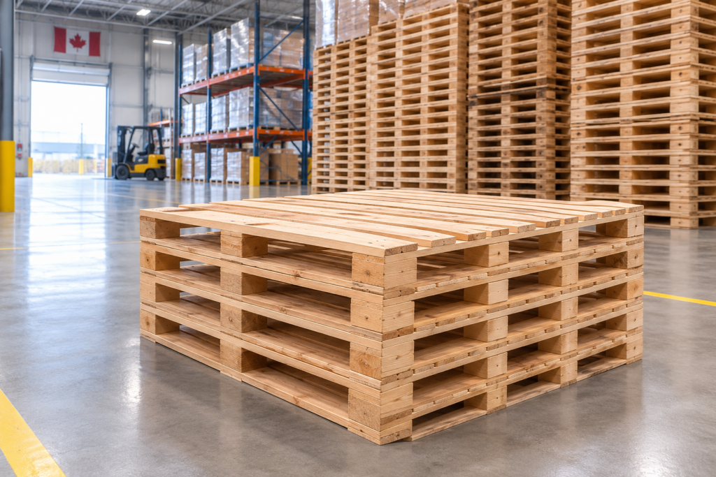 Standard 48×40 wooden pallets used in a Canadian warehouse