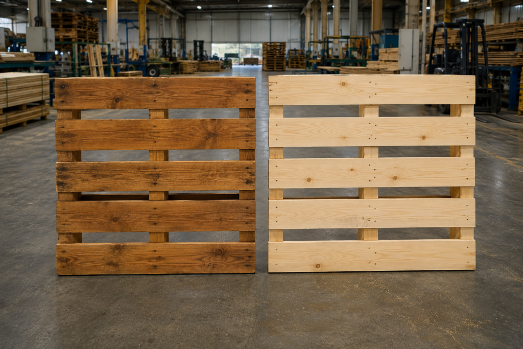 Hardwood and softwood wooden pallets used in commercial applications